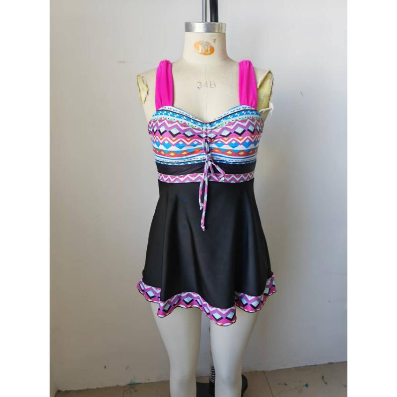 Tropical Leaf Print Tie Waist Swimdress - Modest Two Piece Swimsuit with Shorts