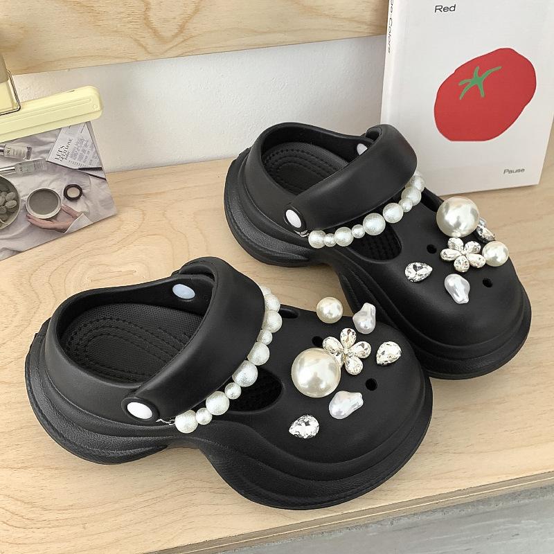 

Модные женские шлепанцы на платформе, DIY клоги со стразами и жемчугом, летняя садовая обувь, толстая подошва, для девочек, для улицы и дома, шлепанцы на платформе 35 чёрный