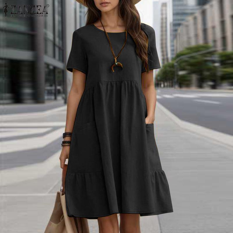 ZANZEA Women Casual Round Neck Loose Summer Short Sleeve Dress
