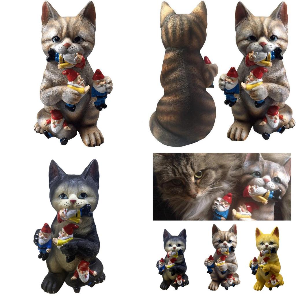 Whimsical Garden Decor Resin Statue Of Cat With Dwarf Handcrafted