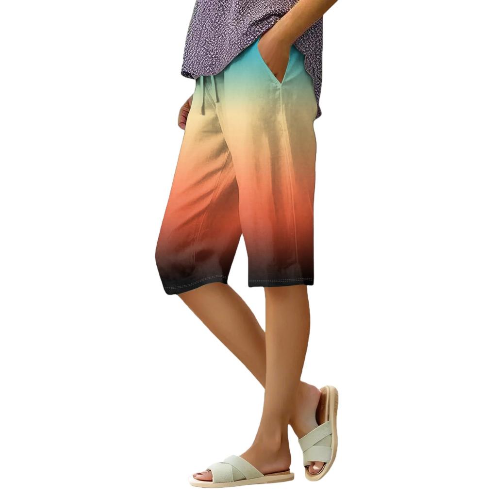 Women's Summer Elasticated Tie Waist Gradient Colour Cotton Linen Loose Shorts