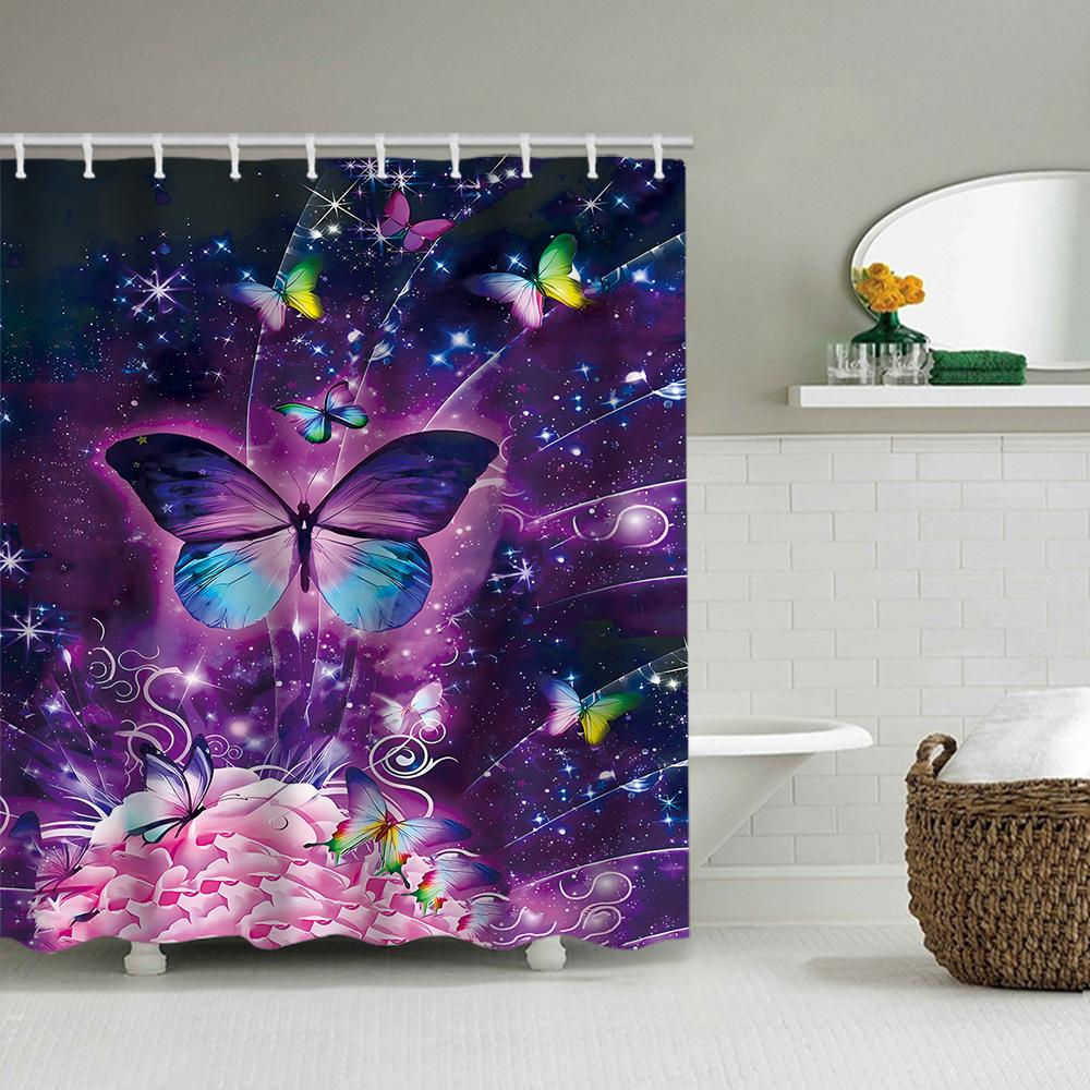 1/4 Colorful Butterfly shower Curtains, Toilet Seat Decoration, Shower Curtain with Carpet and Toilet Lid, 12 70.8x70.8 inch Hoo