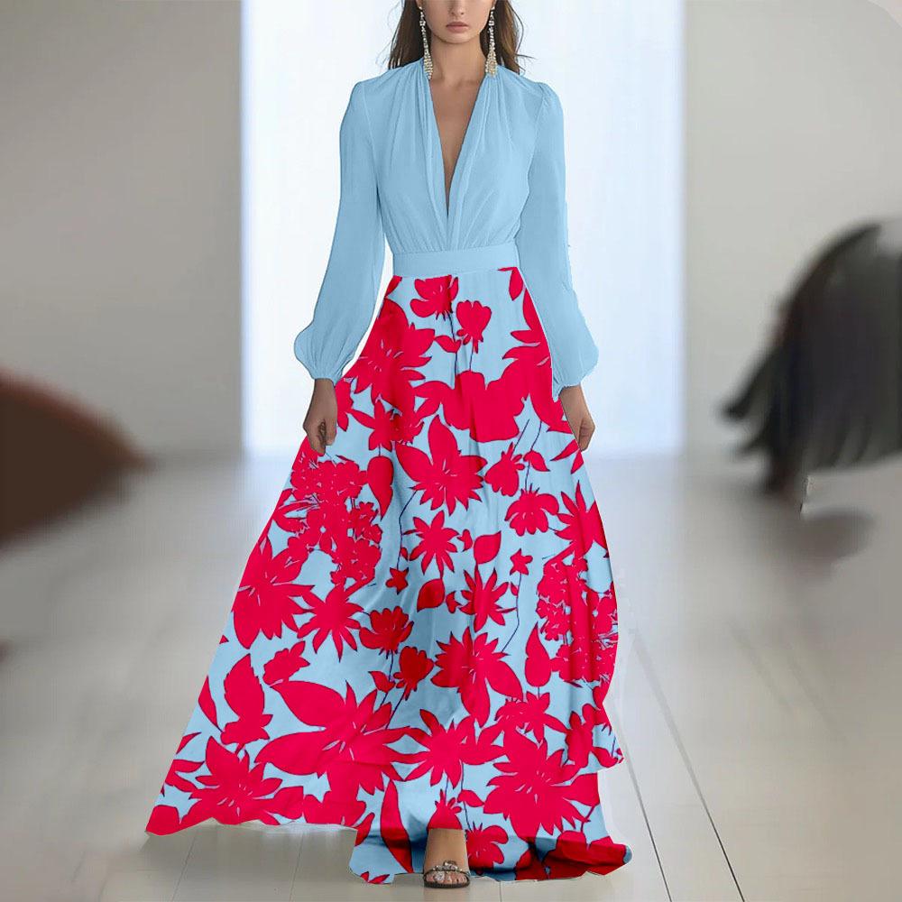 Floral Print V-Neck Midi Dress with Belt, Elegant Boho Style Women's Dress