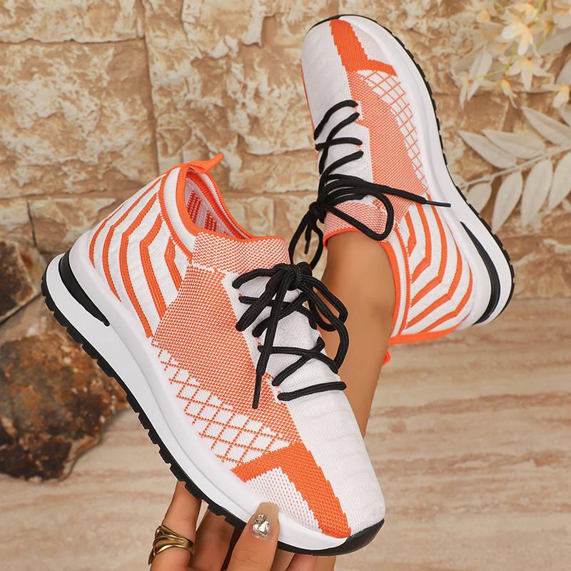 Fashion Orange White Striped Knitted Sneakers Women Plus Size Breathable Mesh Running Shoes Woman Non Slip Tennis Walking Shoes