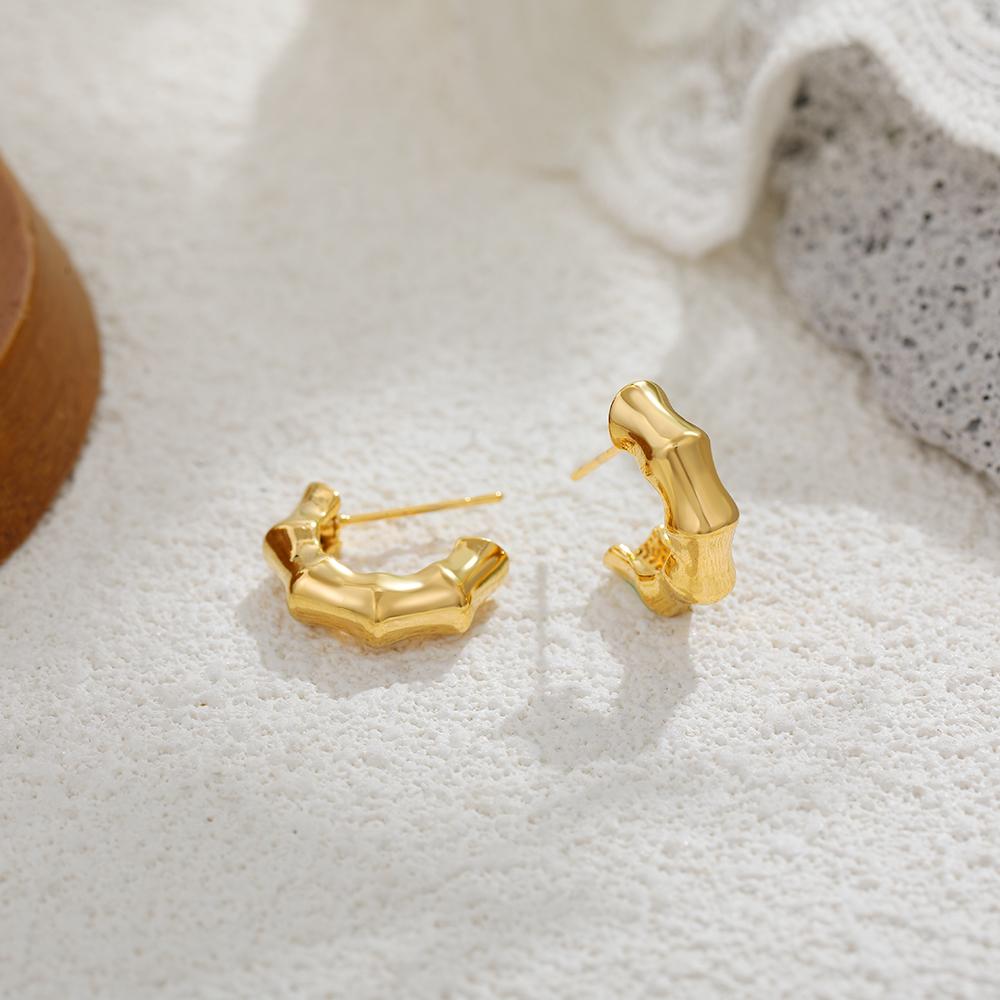18K Gold Plated Round Bamboo Earrings Hooks Designer Style Circle Huggie Hoop Earring Stainless Steel Vintage Jewelry Party Gift