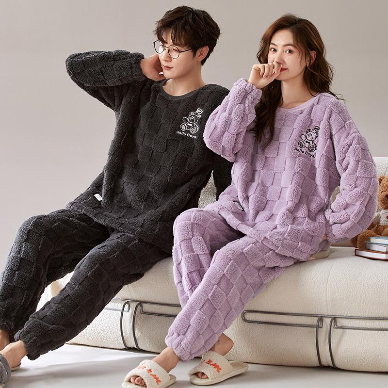 Couples' Cozy Flannel Pajama Set: Women's Plus Velvet, Men's Loose Fit, Warm Coral Fleece Homewear