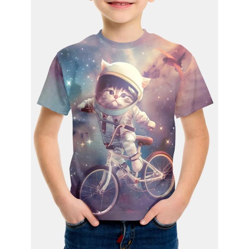 Summer Round Neck 3D Cat Pattern Printed Top Fashionable and Casual Short Sleeved Children's Boy T-shirts