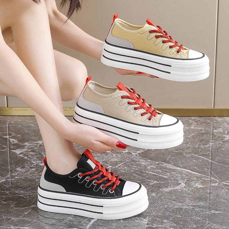 Chunky Platform Sneakers for Women Low Top Canvas Shoes Summer Breathable Canvas Sneakers Women's Comfortable Slip on Casual Tennis Walking Shoes