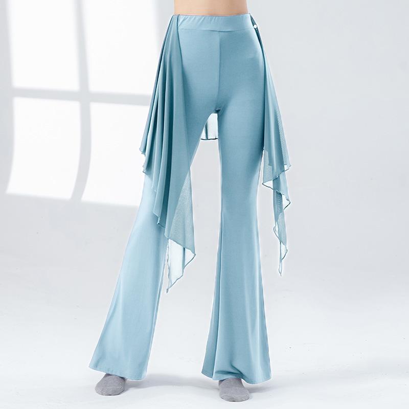 Modern Dance Pant Women Long Microflared Latin Trousers Mesh Wrap Skirt Classical Practice Costume Stage Line Dancewear Female