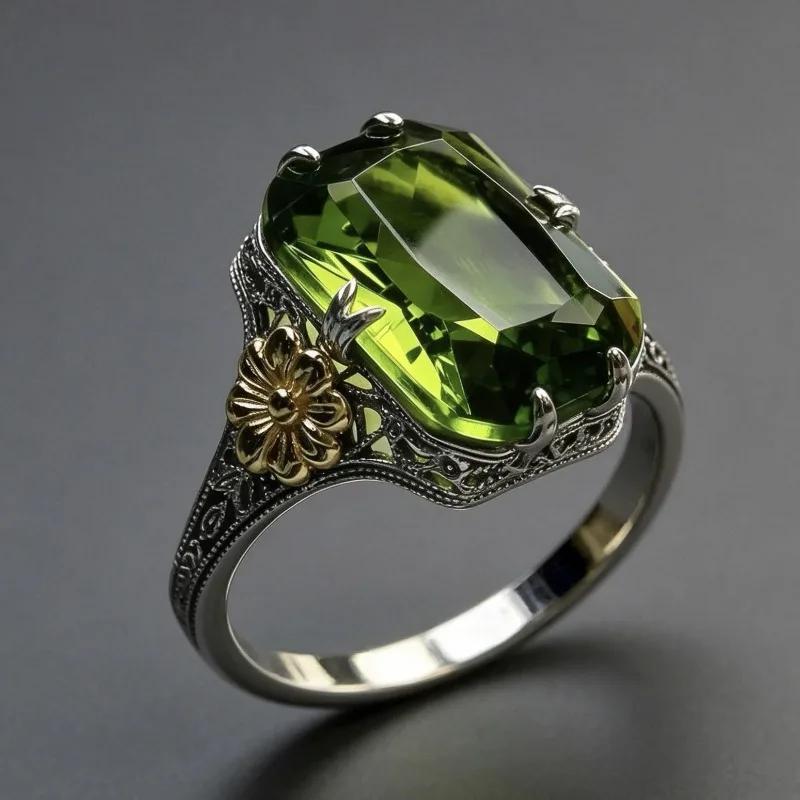 Vintage Olive Emerald Ring, Women's Exquisite Flower Carving, Wedding Party Jewelry