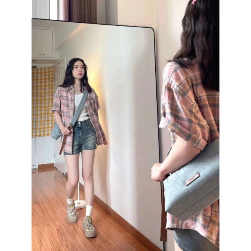 Women s Pink Plaid Short Sleeve Polo Collar Shirt Jacket - Japanese Retro Summer Design S розовый