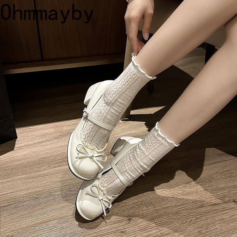 New Spring Autumn Thick Heel Women Mary Jane Shoes Elegant Butterfly-knot Party Dress Ladies Leather Pumps