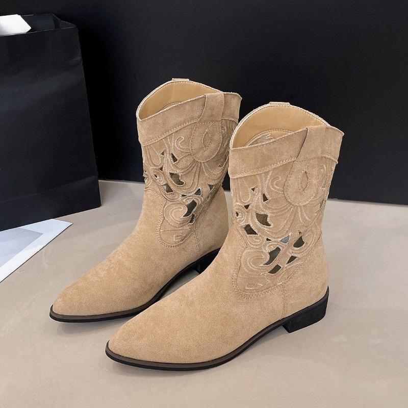 Fashion Slip-on Block Heel Single Boots Autumn New Pointed Embroidery Hollow-out Soft-sole Anti-slip Wear-resistant Booties