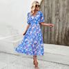 Frauen Herbst Winter Kurzarm Blumen Druck V-ausschnitt Casual A-Linie Knöchel-Länge Hohe Taille Kleid