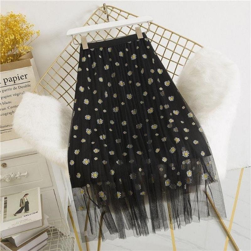 

Женская сетчатая юбка, тонкая юбка трапециевидной формы, маленькая ромашка с цветочным принтом и высокой талией, плиссированная юбка средней длины, украшение с принтом 2XL чёрный