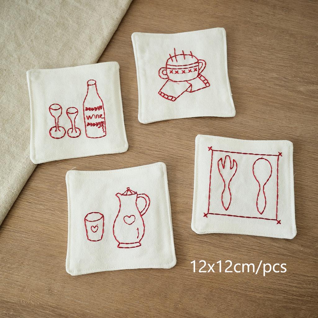 4PCS Cotton Linen Coffee Cup Mats Rustic Farmhouse Style Crochet Embroidery Coaster Absorbent Placemats for Kitchen Table Decor