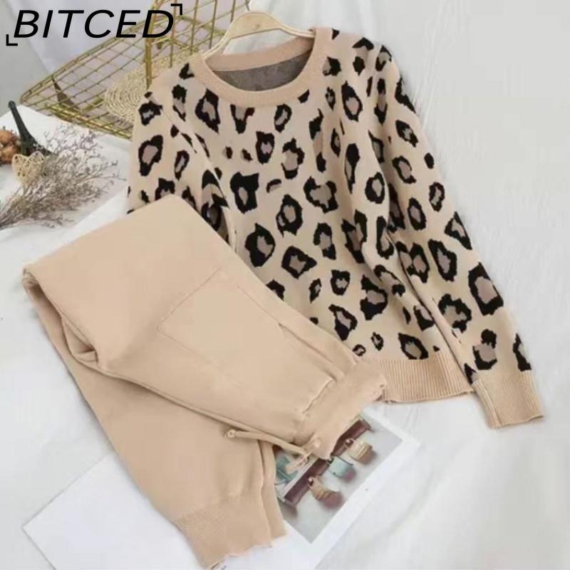 

BITCED Осенняя коллекция Instagram Персонализированный леопардовый принт Пуловер Длинный рукав Трикотажный свитер + Простые узкие брюки Комплект XXXL хаки