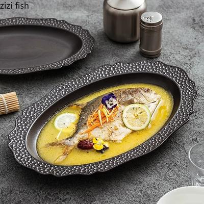 Schwarzer Keramik-Fischteller mit Wabenstruktur, kreativer Sushi-Teller, Grillteller, Salatteller, Restaurant-Spezialgeschirr
