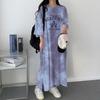 Women's Japanese Tie-Dye Short-Sleeve Dress - Loose, Casual, Mid-Length, 2024 Summer Design