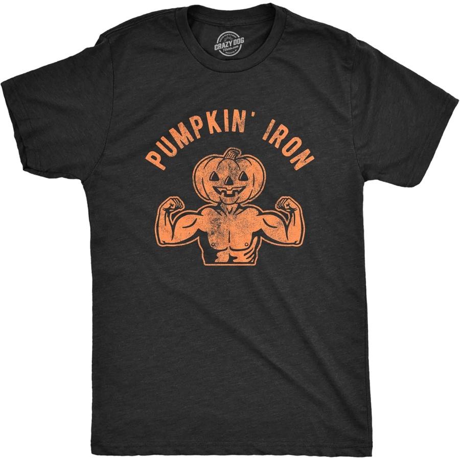 Crazy Dog Tshirts Mens Pumpkin Iron Tshirt Funny Halloween Workout Fitness Jack-O-Lantern Graphic Tee S