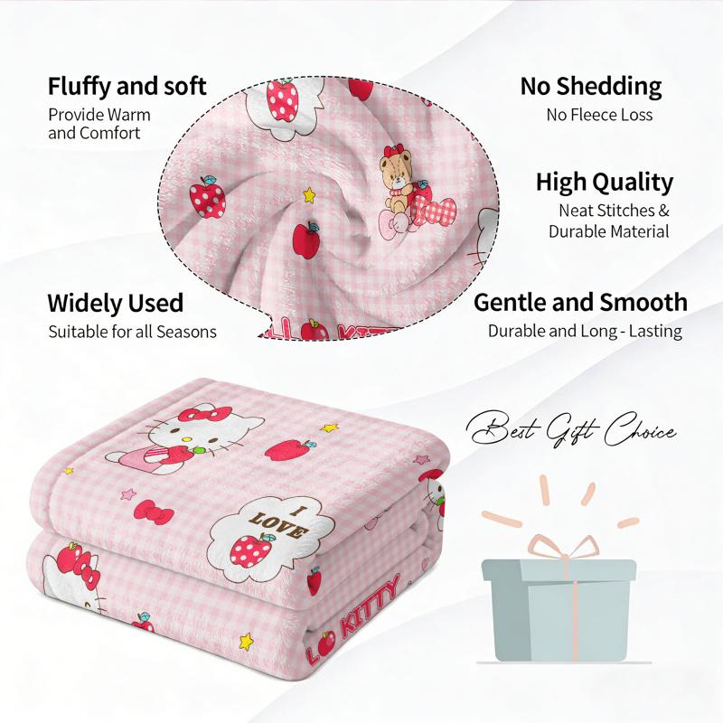Sanrio Hello Kitty Plush Flannel Blanket Lightweight Throw Pink Gingham Apple Blanket Bed Sofa Cover School Office Nap Shawl