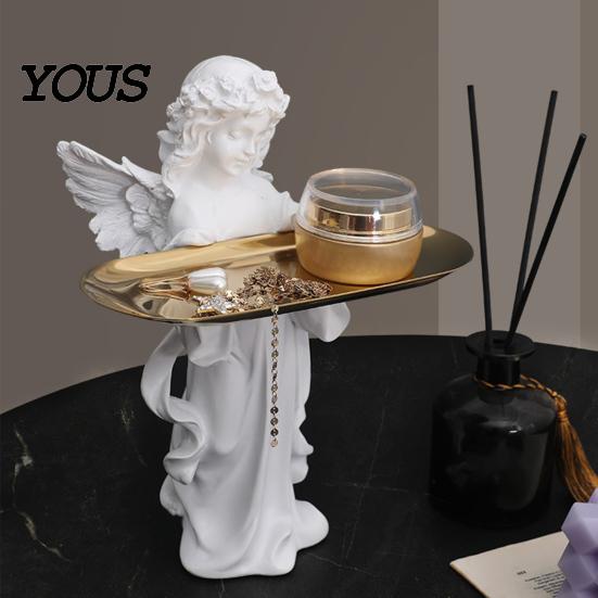 Desktop Organizer Angel Figurine Storage Tray, Elegant Jewelry Exquisite Resin Statue Decorative Accessory Tray Dish, for Rings Necklaces Earrings,