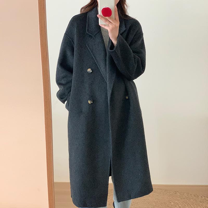 Autumn and Winter Korean Style Long Hair Baby Camel Wool Double-sided Wool Coat Double-breasted Simple High-end Coat New Style for Women