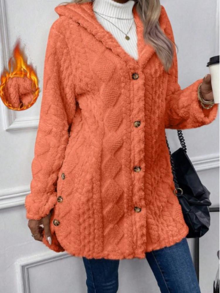 Varm vinterkardigan for kvinner med hette og diamantmønster - Lang modell med løs passform, åpen front, lange ermer og sideslisser i falden, avslappet yttertøy
