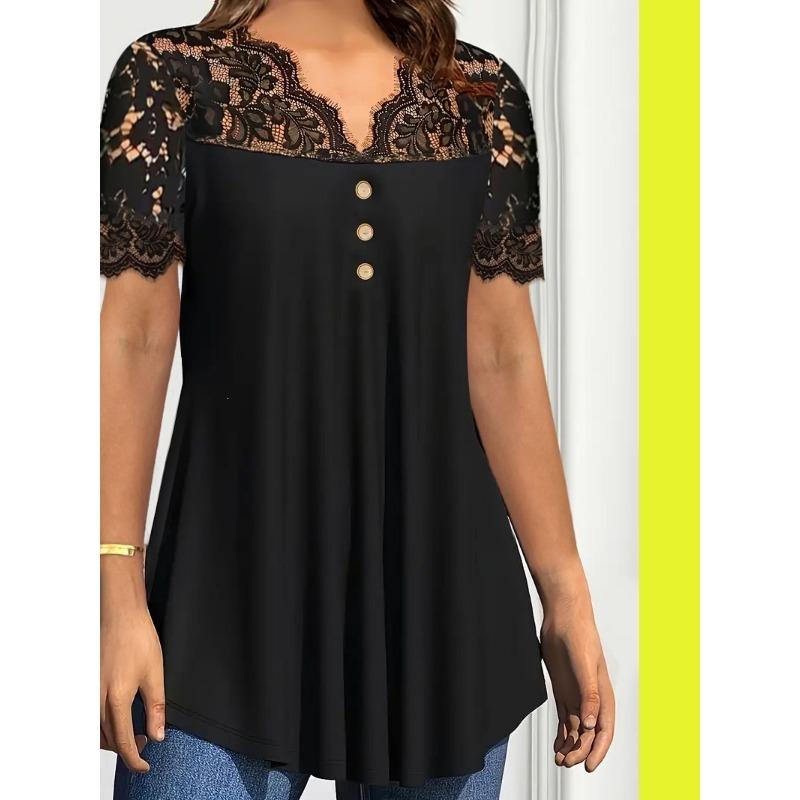 Womens Lace Patchwork V Neck Short Sleeve Top S