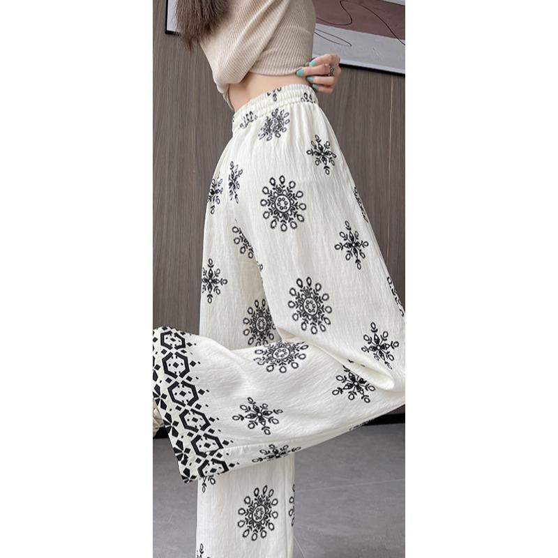 Summer Women Vintage Print Cotton And Linen Thin High Waist Wide Leg Pant Trouser For Girl