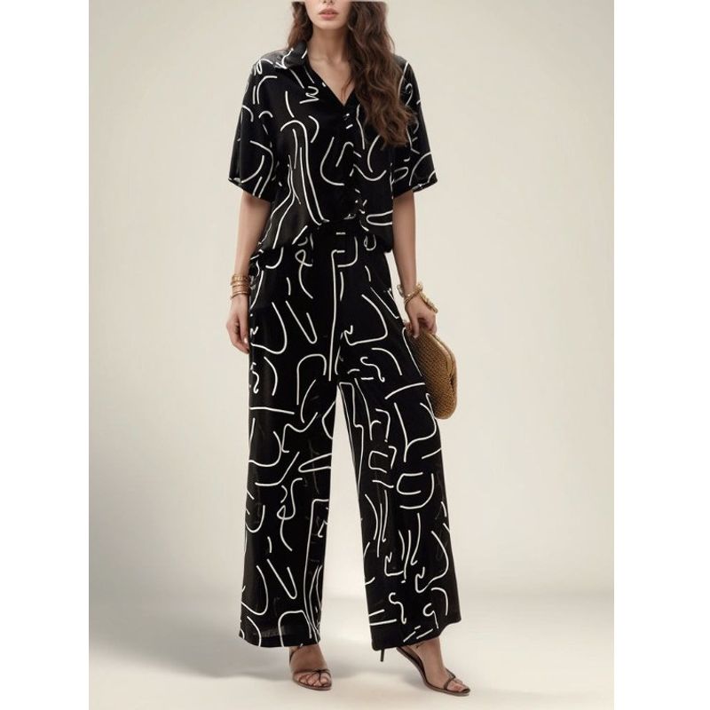 Fashion Wind Spring and Summer New Arrival V-neck Single Breasted Print Loose Short Sleeve Shirt Wide Leg Pants Casual Two-Piece Suit
