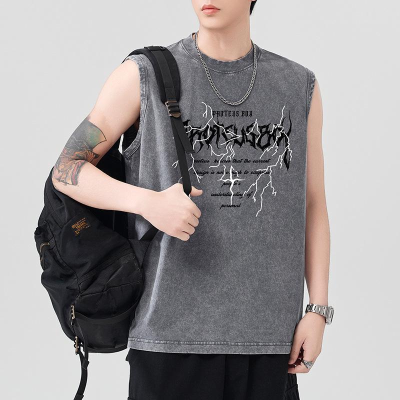 New 230g Heavy Pure Cotton Wash Vest Men's Print Solid Color Wide Shoulder Sleeveless Sports Shoulder