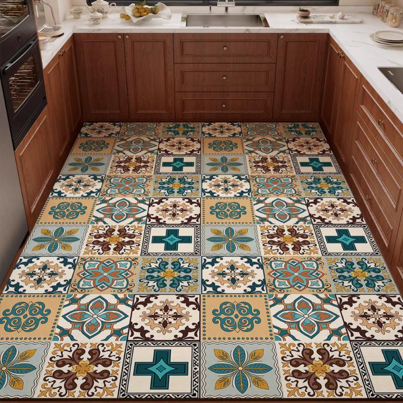 PVC Kitchen Carpet Waterproof Non-Slip Oil-proof Leather Floor Mat Large Size Rug Retro American-Style Home Decor Rugs Alfombra
