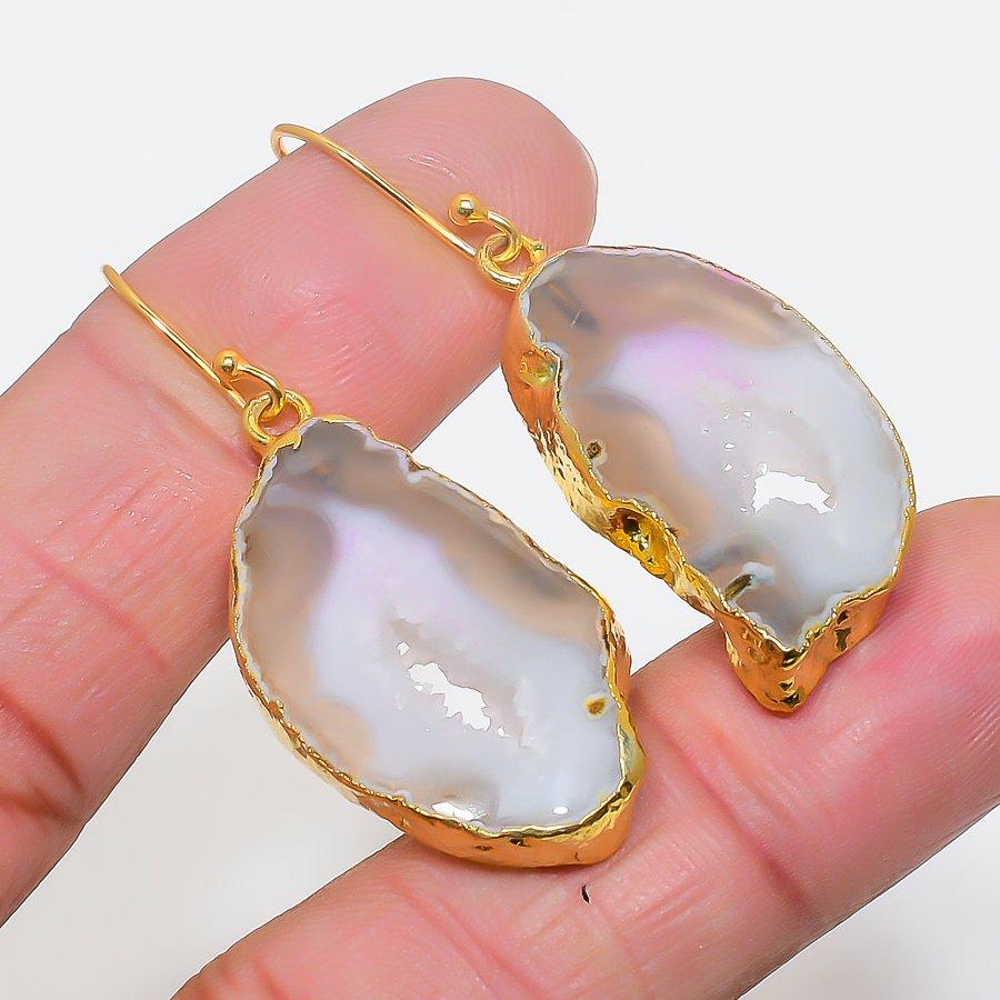 Agate Geode Slice Gemstone 925 Sterling Silver Jewelry Earring 1.97" GK-6710