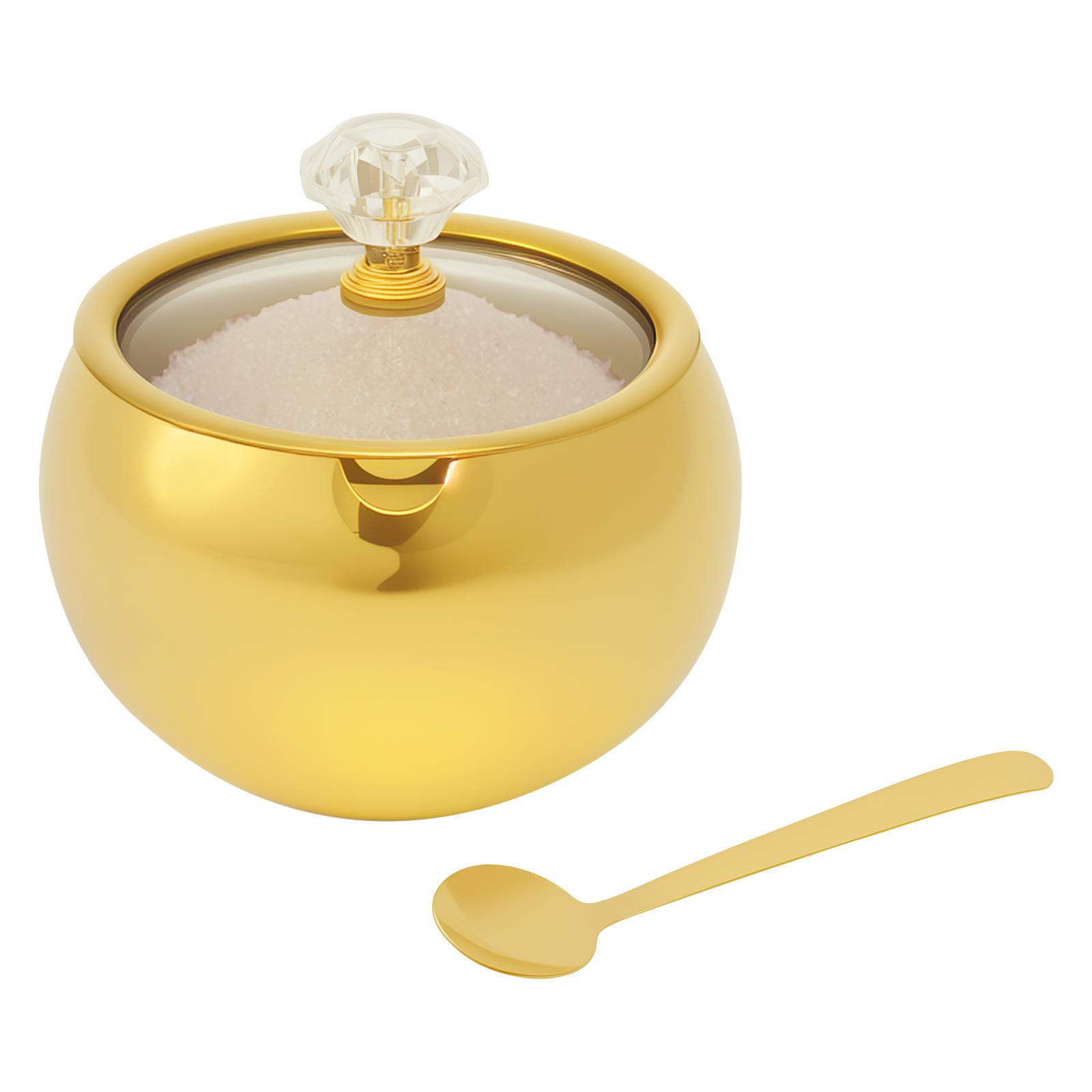 

8.79oz Sugar Jar Stainless Steel Seasoning Jar with Glass Lid and Spoon Gold Spice Jar and Serving Tray Seasoning Container