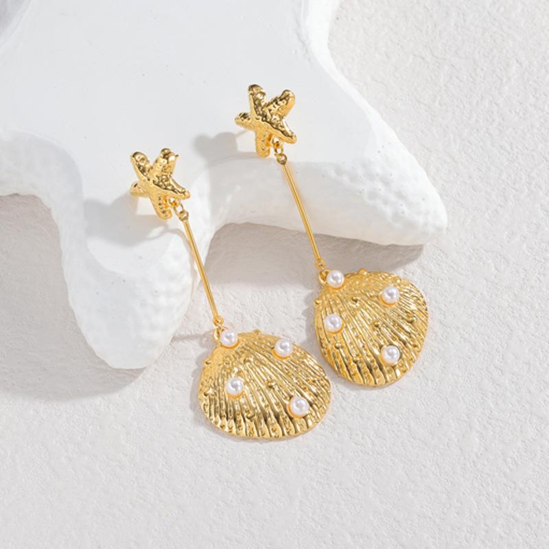 Stylish Seashell Pearl Stainless Steel Long Earrings - Women's Vacation Luxury
