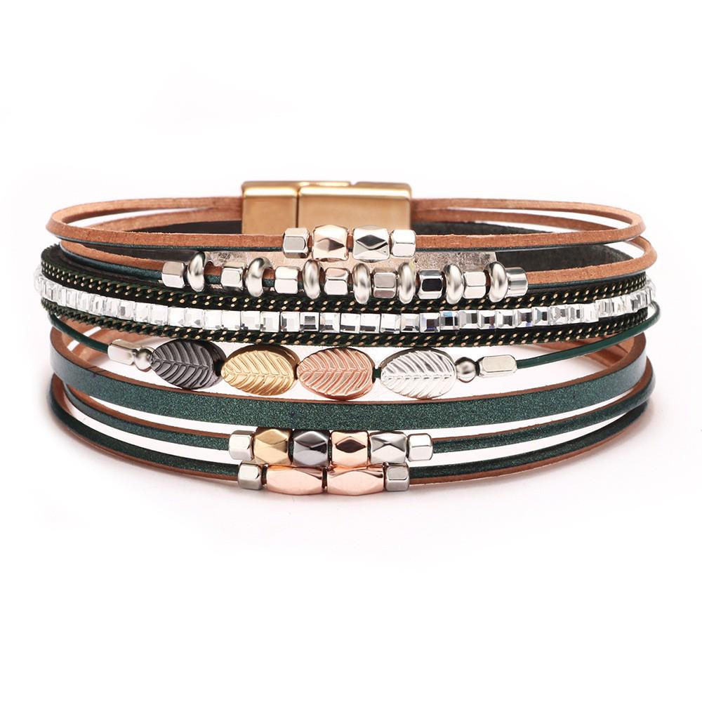 Bohemian Micro-Diamond Cross Bracelet with Magnetic Clasp & PU Leather