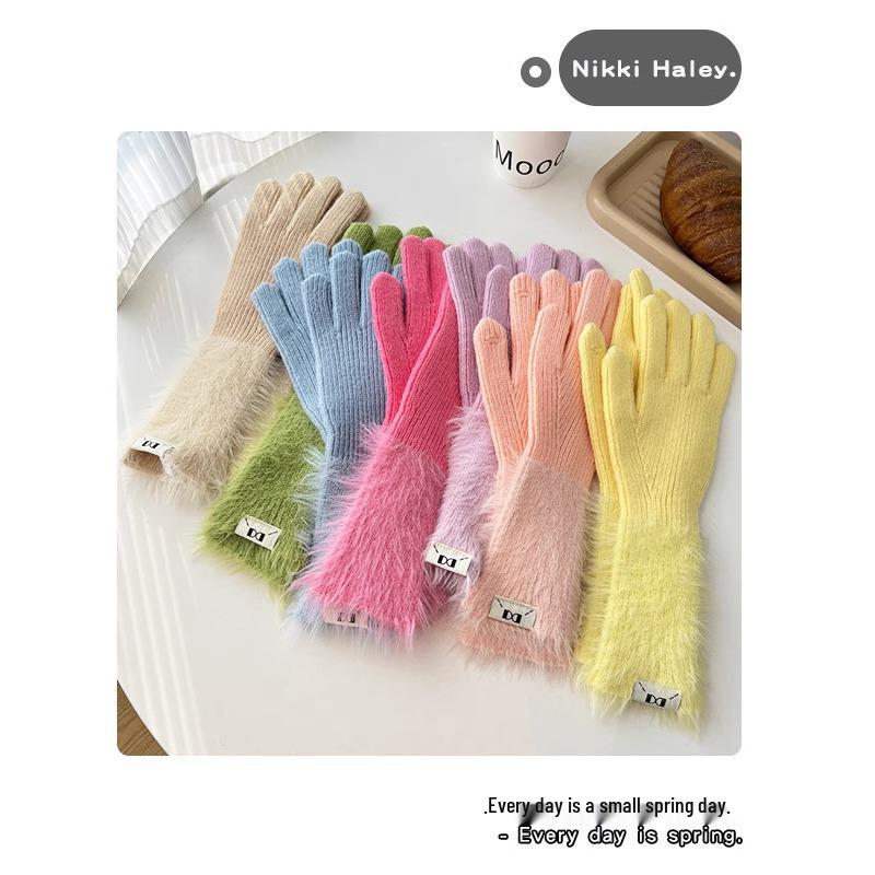 Podzimní a zimní dopaminové jednobarevné teplé pletené pětiprsté rukavice - Všestranné, roztomilé, dlouhé cyklistické návleky pro dívky