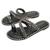 Women Rhinestone Flat-bottom Slide Sandals Outdoor Rivet Clip-on Slippers Travel Seaside Beach Holiday Summer Cool Shoes Sz34-43