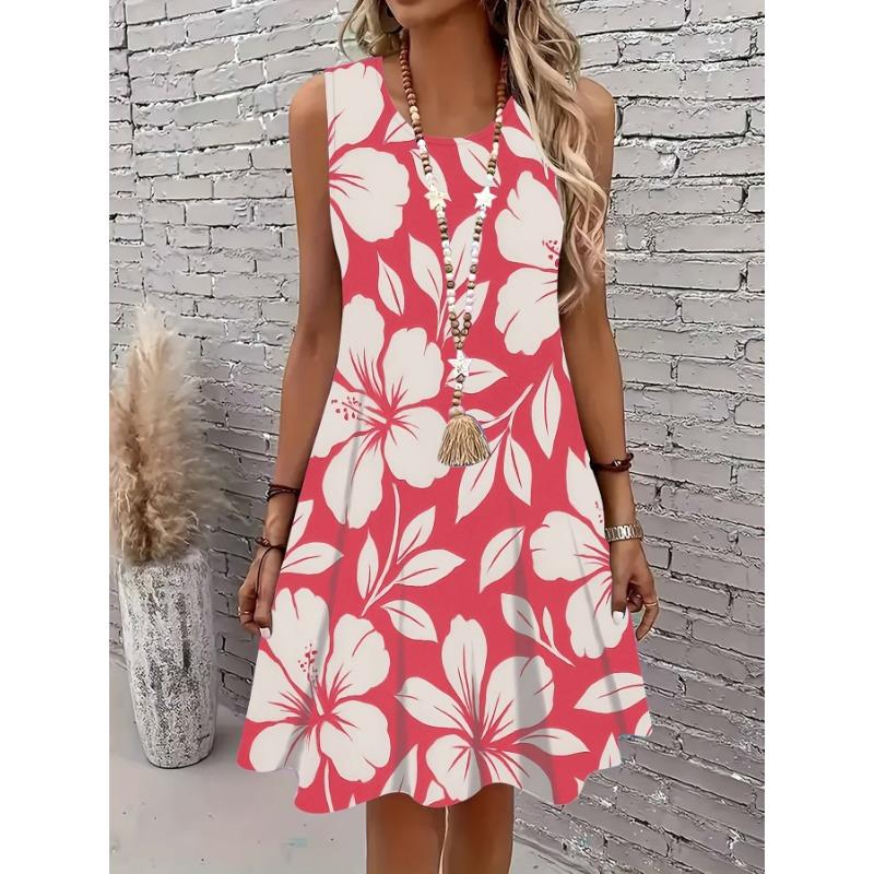 Women  Pink Hawaiian Hibiscus & Plumeria Print Sleeveless A-Line Mini Dress - Machine Washable Beach Dress with Full-Body Flower Print 5XL