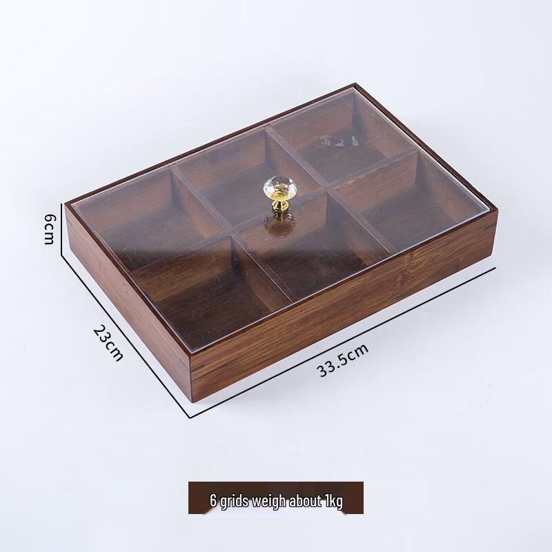 JunsQ UD Bamboo Tea Snack Serving Platter 6-Compartment with Acrylic Lid