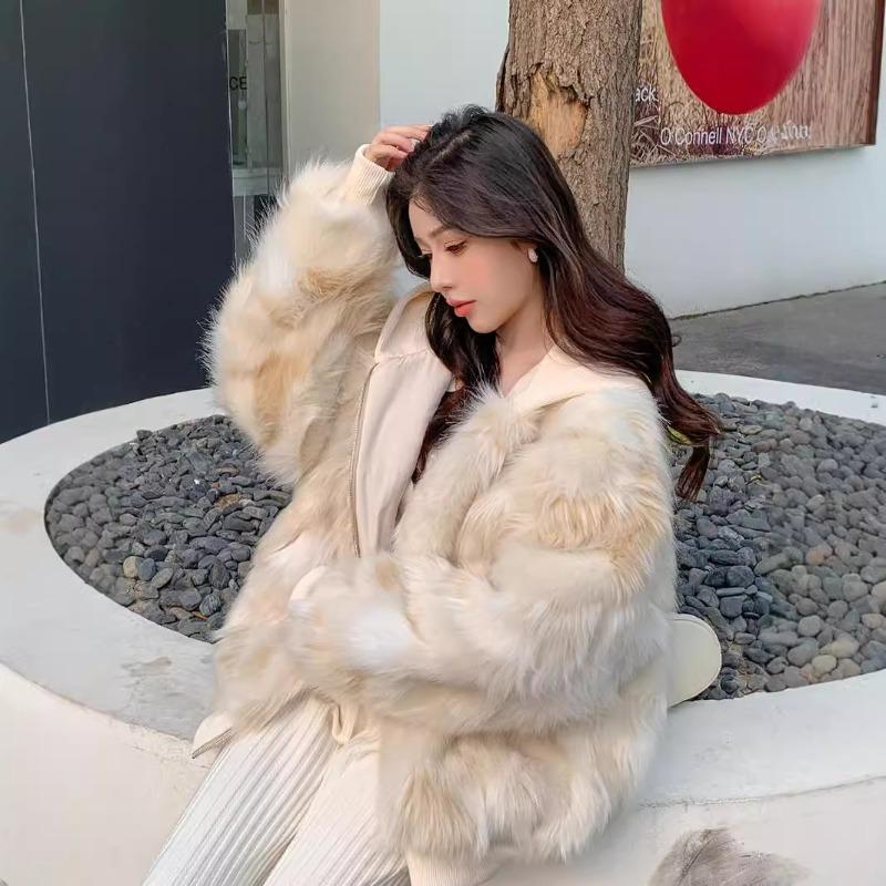 Women's Tricolor Fur Jacket Winter Zipper Fox Hair Loose Top Hooded Threaded Plush Jacket