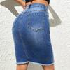 Women Denim Skirt High Waist Button Zipper Fly Multi Pockets Midi Skirt Solid Color Hip Wrapped Tassel Hem Washed Skirt