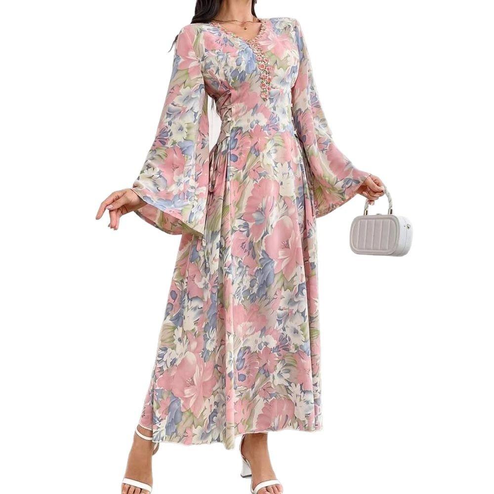 Middle East, Dubai Evening Dress New Fashion Temperament Slim Flared Sleeve V-Neck A-Dress Robe