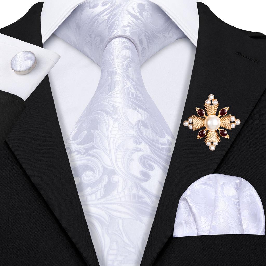 Barry.Wang Pearl sagė su kaklaraiščiu vyrams Paisley gėlių šilko kaklaraištis Hanky rankogalių sąsagų rinkinys