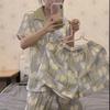 French Oil Painting Tulip Ice Silk Pajamas Women's Summer Short Sleeves Shorts Trousers Sweet Can Be Worn Outside Satin Loungewear