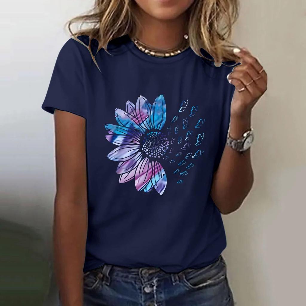 Women's Casual Floral Print Short Sleeved T-shirt With Round Neck  Top