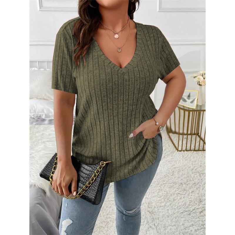 

Summer Ladies Solid Color Large Size Elegant Blouse V-neck Vertical Strip Short-sleeved Pullover Loose T-shirt 4XL армія зелений колір
