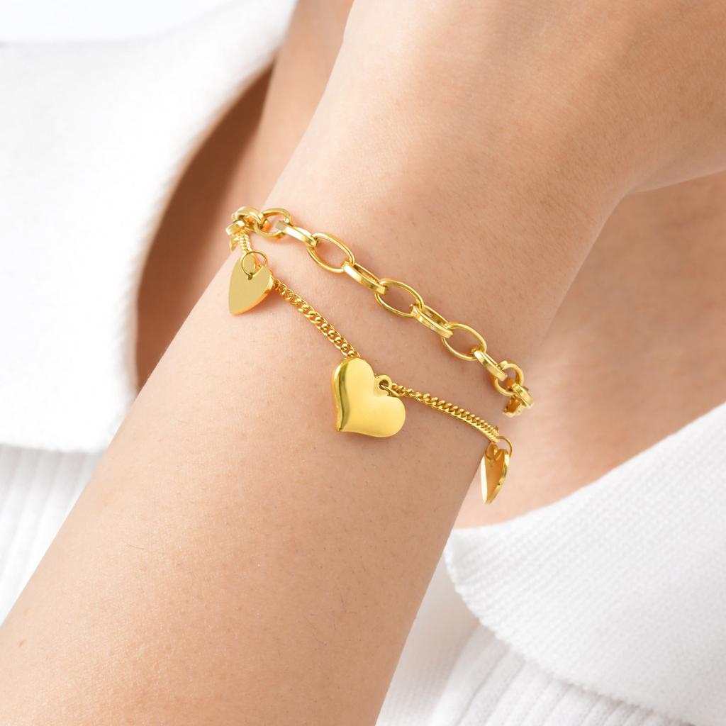 Double Layered Love Charms Heart Link Bracelet Woman, Stainless Steel Cuban Chain Adjustable, Waterproof Zircon Hypoallergenic