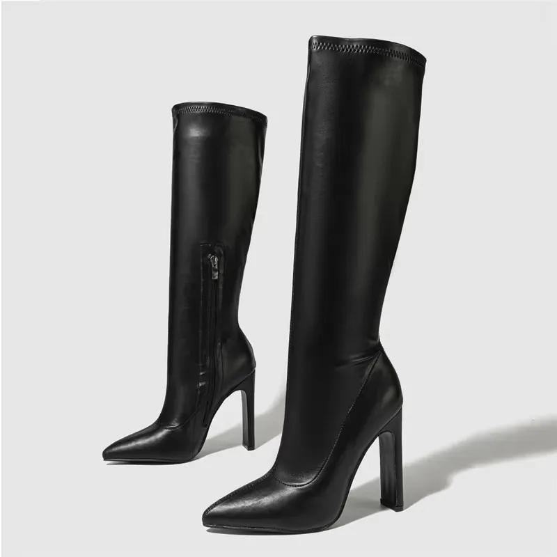 Fashion Womens Shoes Autumn Winter Soft Leather High Heels Knee-High Boots Women Fashion Pointed Toe Party Pumps Shoes Zapatos De Mujer